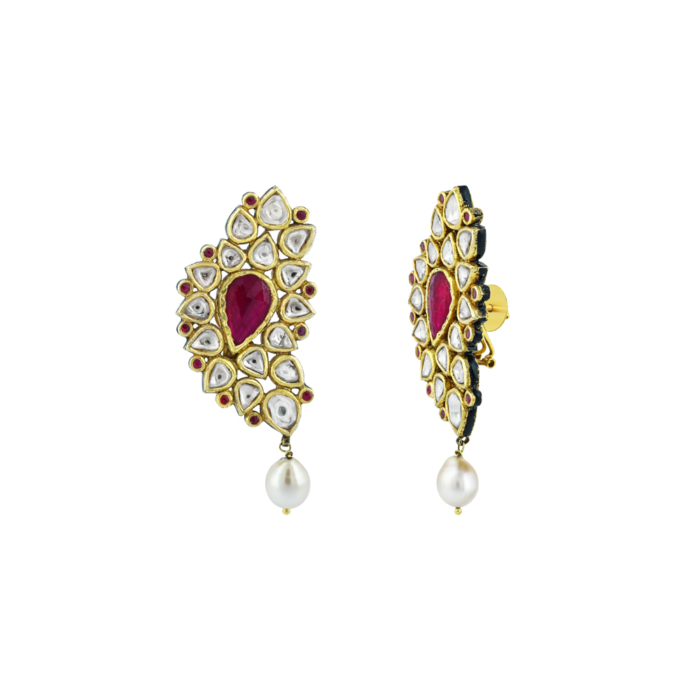 Polki Earrings with Ruby Colour Stone and South Sea Pearl Drop